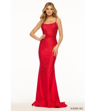 Sherri Hill 55988 Robe Moulante Avec Dentelle Émeraude