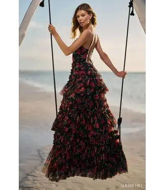 56111 Robe Fleurie Étagée Noir et Rouge