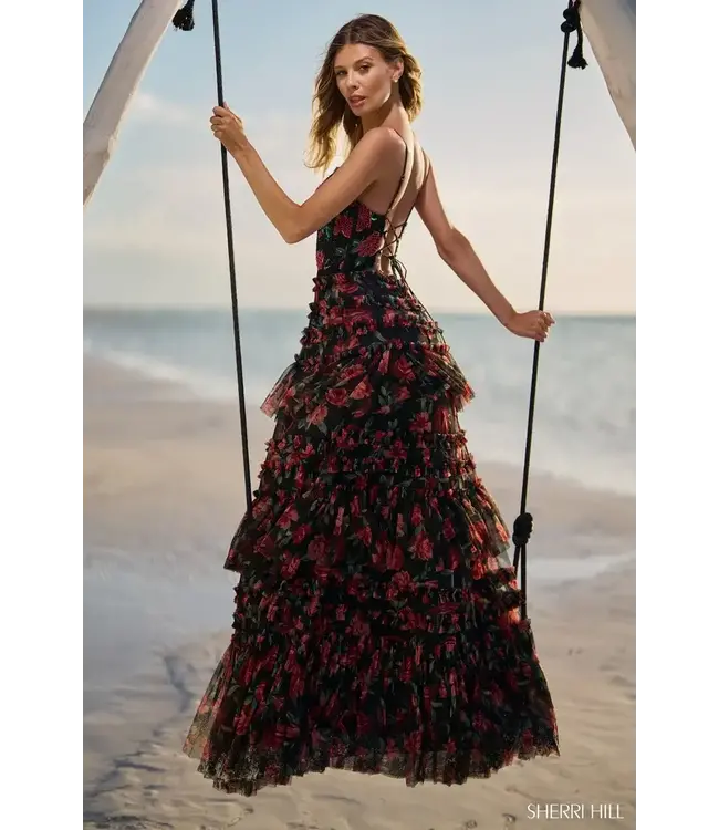 56111 Robe Fleurie Étagée Noir et Rouge