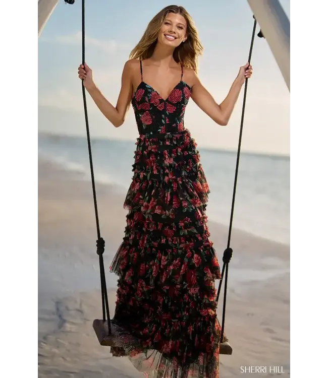 56111 Robe Fleurie Étagée Noir et Rouge