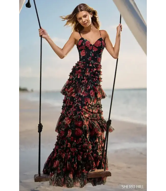 56111 Robe Fleurie Étagée Noir et Rouge