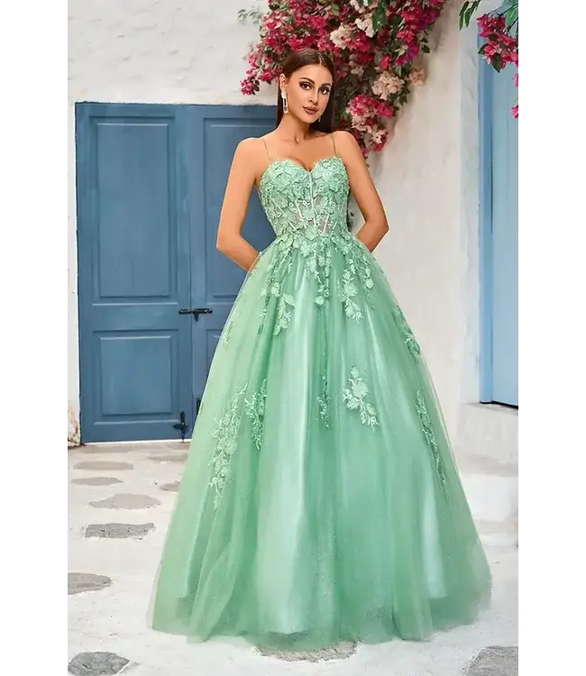 J25029 Robe En Tulle À Corset Floral Vert Sauge