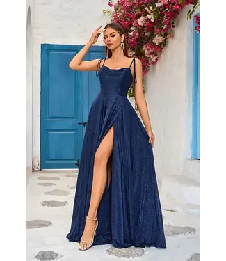 J25009 Robe Fluide Scintillante Marine