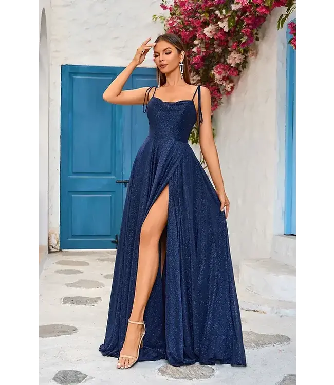 J25009 Robe Fluide Scintillante Marine