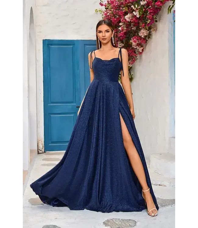 J25009 Robe Fluide Scintillante Marine