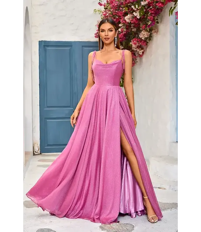 J25009 Robe Fluide Scintillante Rose Mirage