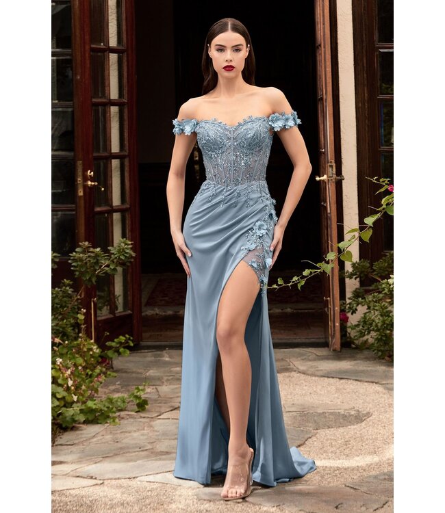 681 Robe Corset Ajustée En Satin Bleu Fumé