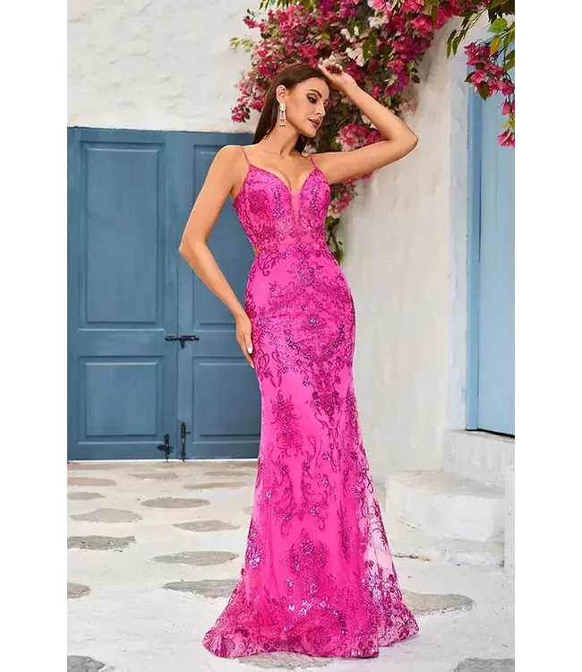 J25022 Robe Ajustée À Motifs Fushia