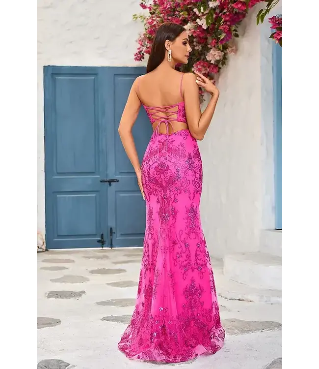 J25022 Robe Ajustée À Motifs Fushia