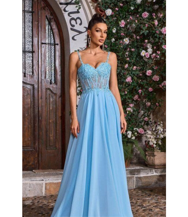 J26026 Robe  Corset Et Jupe Fluide Bleu Desert