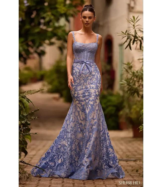 57150 Robe Corset Avec Broderie Blanche et Bleu