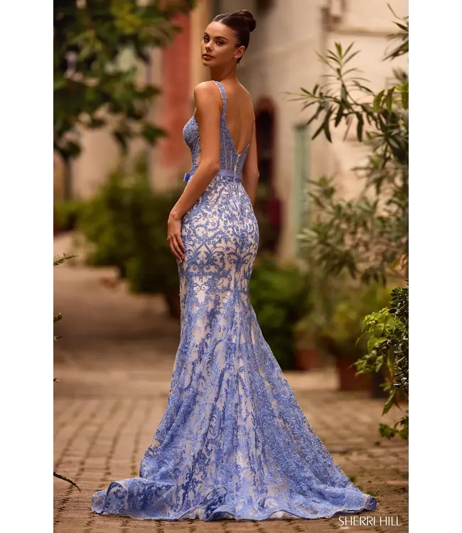 57150 Robe Corset Avec Broderie Blanche et Bleu