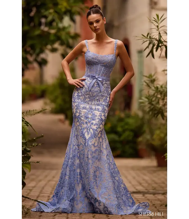 57150 Robe Corset Avec Broderie Blanche et Bleu