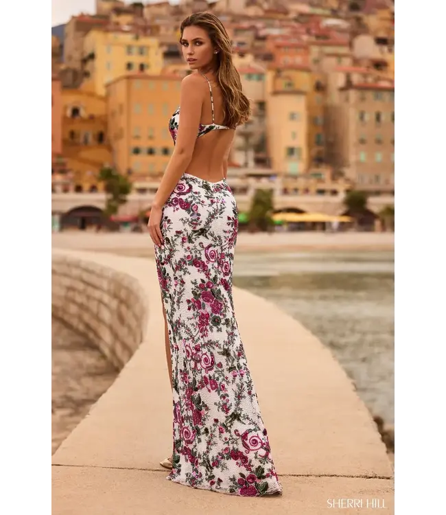 57105 Robe Ajustée Fleurie Ivory/Fuchsia