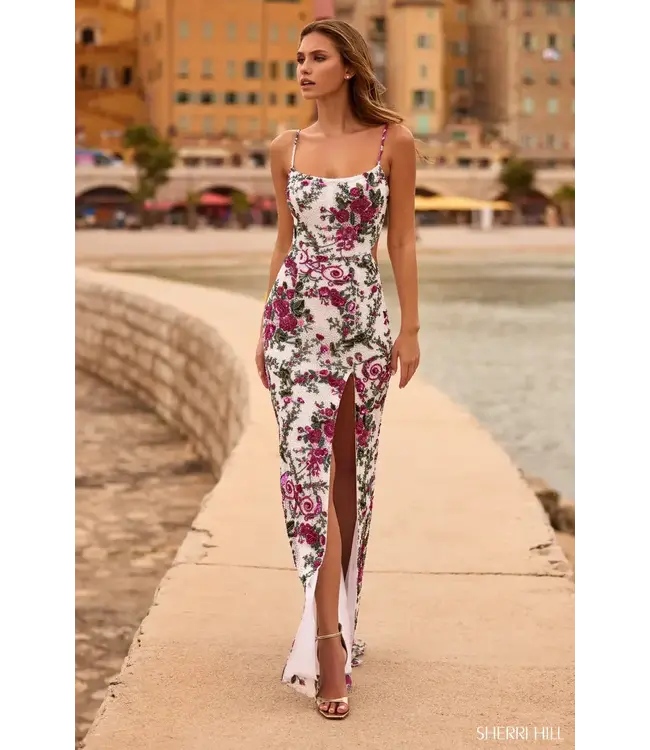 57105 Robe Ajustée Fleurie Ivory/Fuchsia