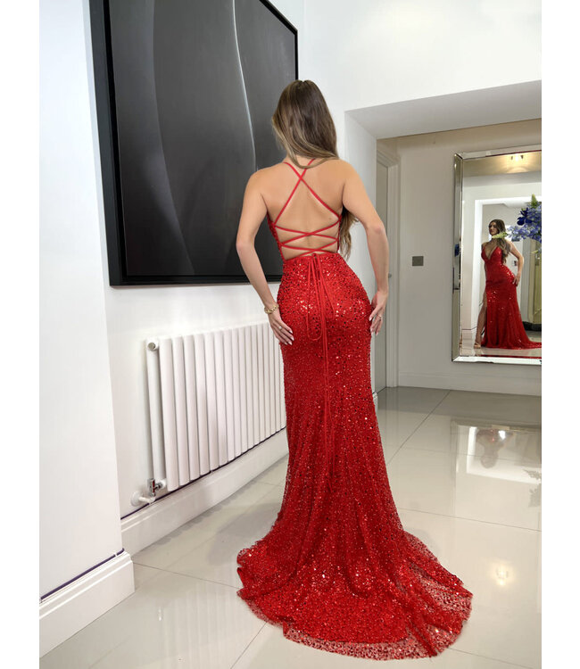 JX6078 Robe À Paillettes Rouge