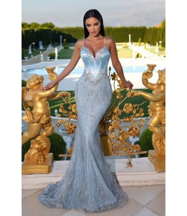 PS23476 Robe Corset En Satin Bleu