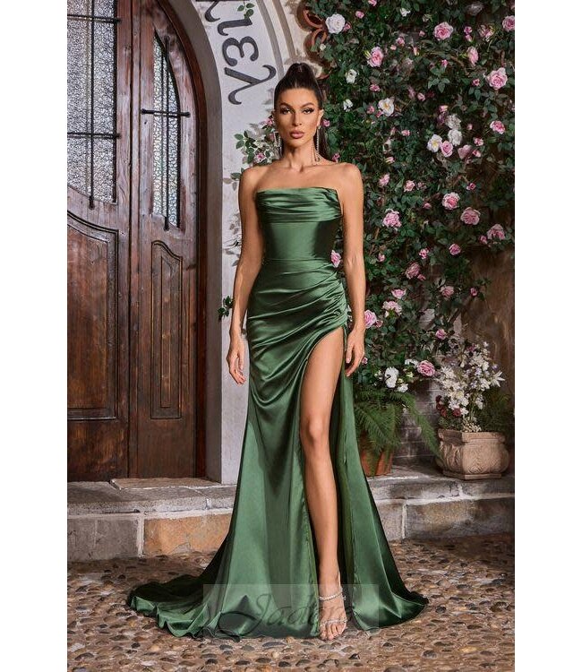 J26004 Robe Bustier En Satin Ajustée Olive