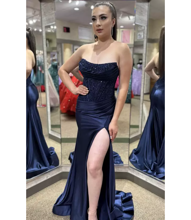 56643 Robe Corset En Satin Marine