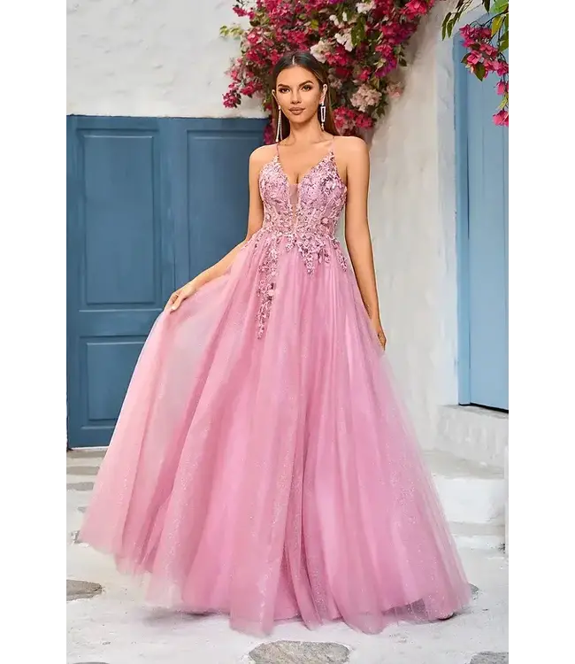 J25018 Robe Scintillante En Tulle Rose