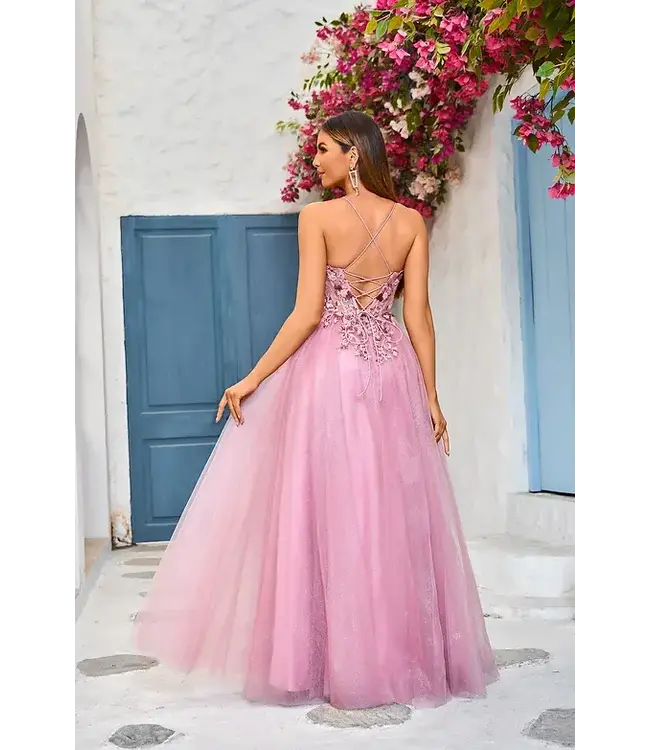 J25018 Robe Scintillante En Tulle Rose