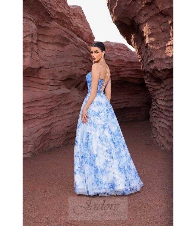 J27015 Robe fleurie col en V Bleu