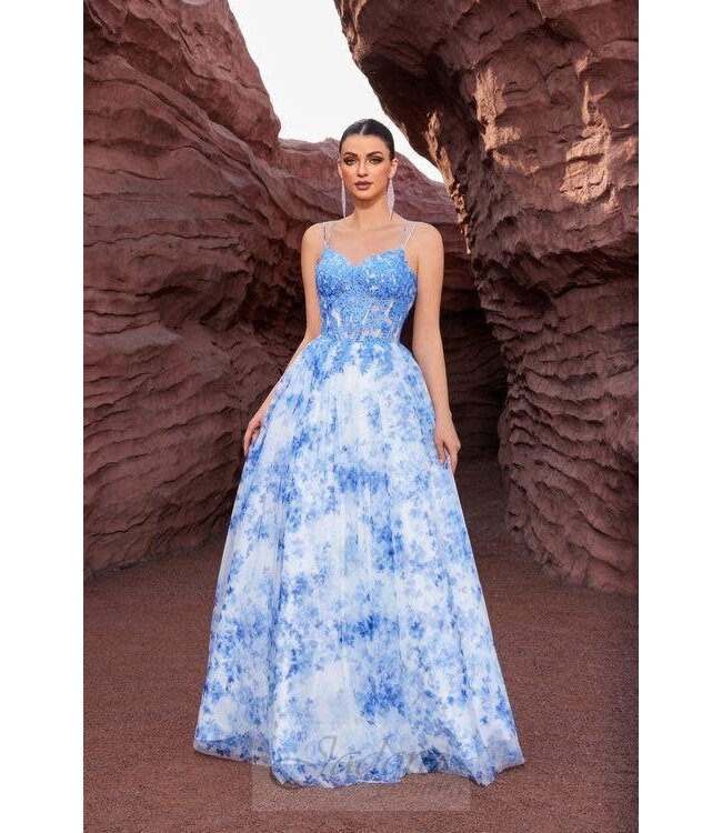 J27015 Robe fleurie col en V Bleu