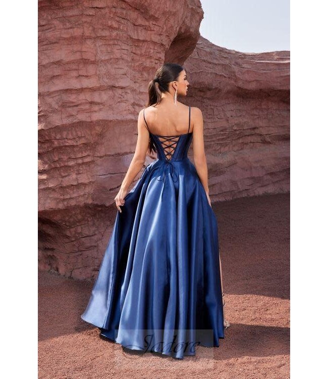 J27038 Robe en satin corset Bleu Marin