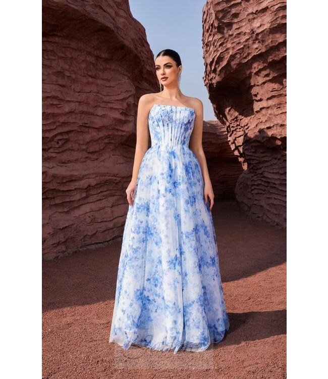 J27040 Robe fleurie bustier Bleu