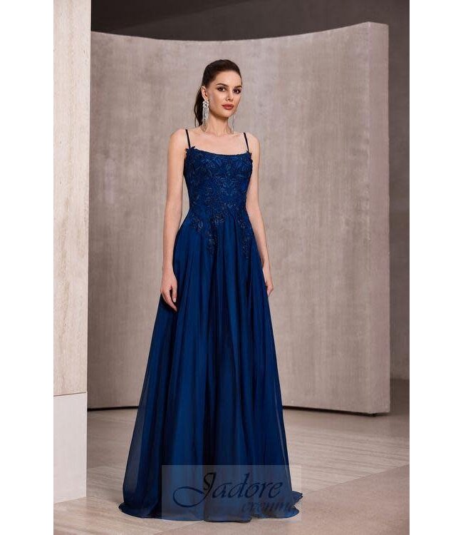 J28038 Robe Fluide En Chiffon Marine