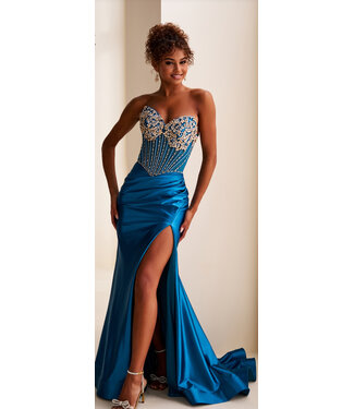 37016 Robe Corset En Satin Marine et Or