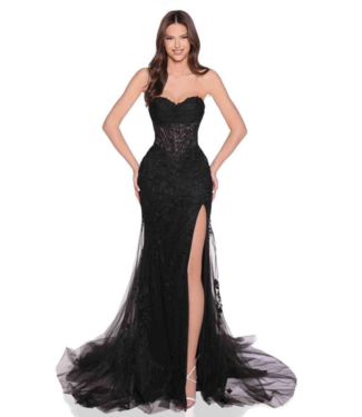 88985 Robe Corset Brodée Et Fente Noire 88985 Robe Corset Brodée Et Fente Noire