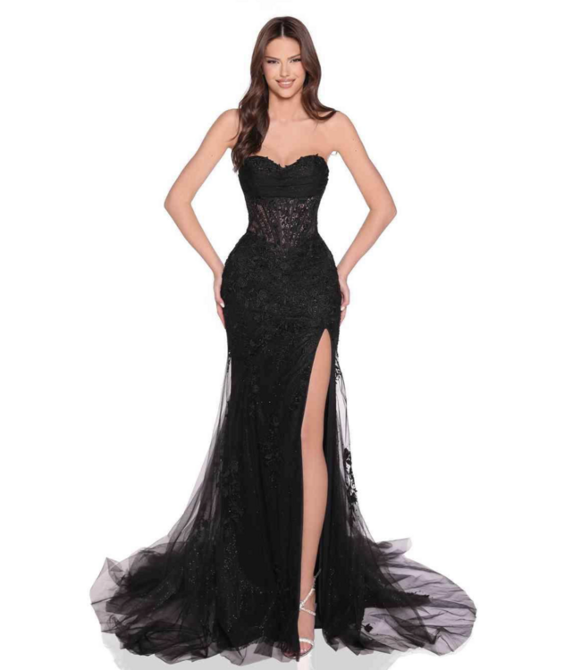 88985 Robe Corset Brodée Et Fente Noire