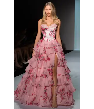 57249 Robe Corset Étagée Imprimée Rose