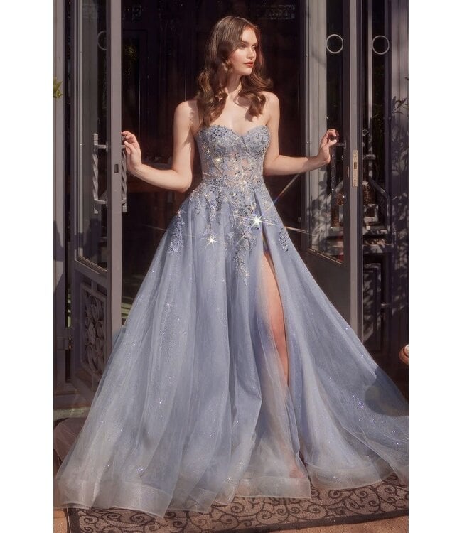 A1415 Robe Fluide Corset Bleu Fumé