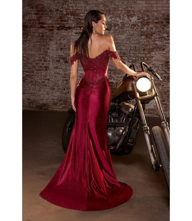 10654 Robe Satinée Offshoulder Bourgogne