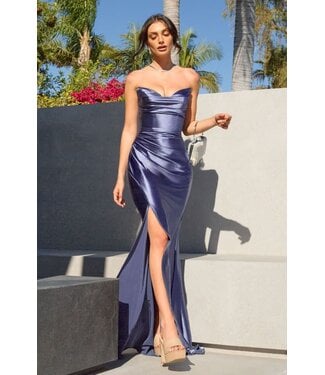 10407 Robe Sans Bretelle Satinée Bleu Fumé