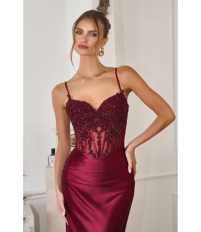 10918 Robe Satinée Corset Bourgogne