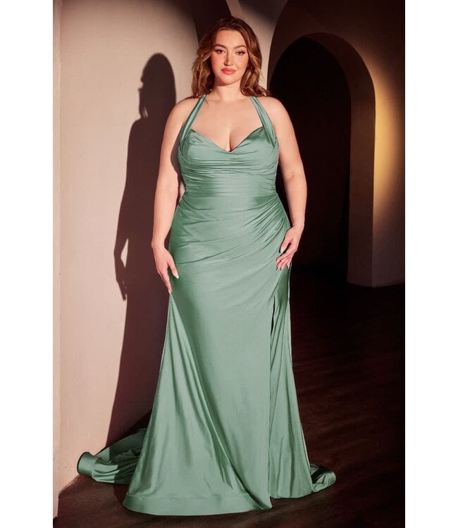 10697 Robe Satinée Avec Fente Sauge Foncé