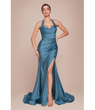 10697 Robe Satinée Avec Fente Bleu Lac