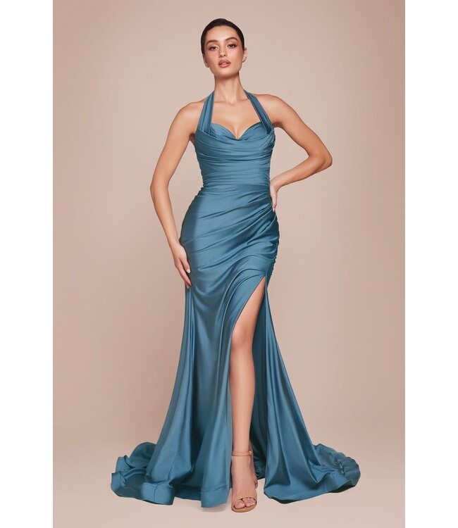 10697 Robe Satinée Avec Fente Bleu Lac
