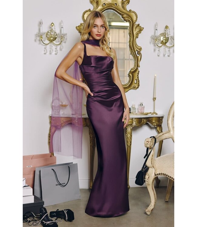 927 Robe Satinée Col Droit Aubergine