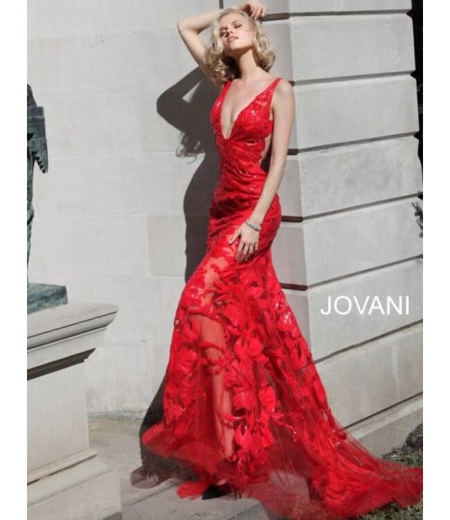 60283 Robe Ajustée À Appliques Florales Scintillantes Red