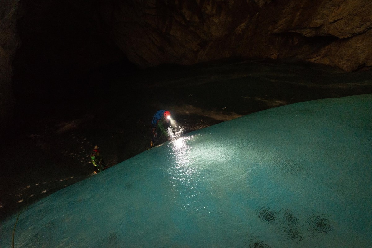 Ice climbing in a cave in the middle of summer