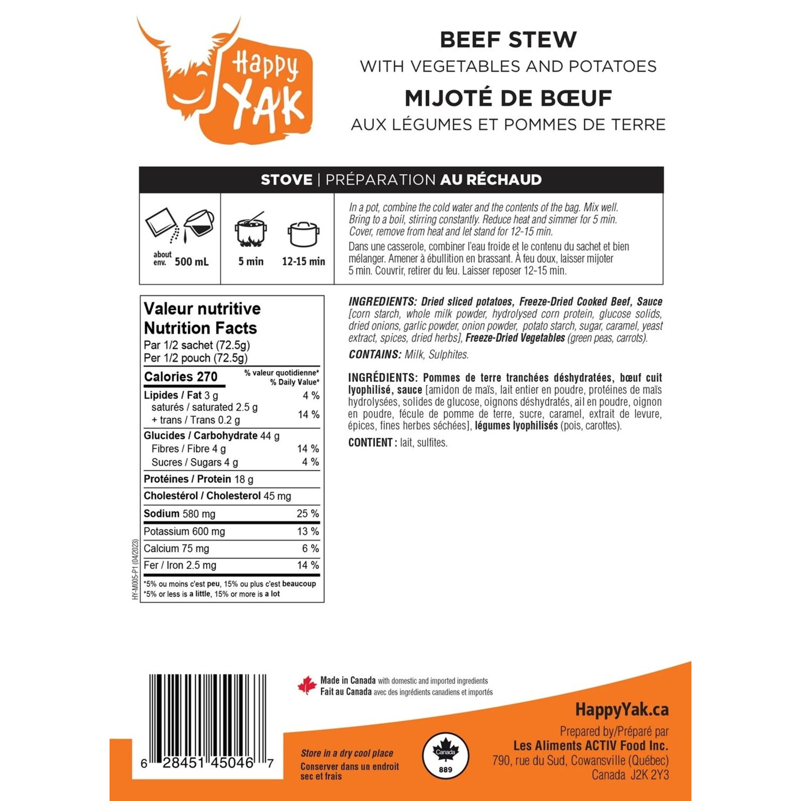 Happy Yak Mijoté de boeuf aux légumes Happy Yak (sans gluten)