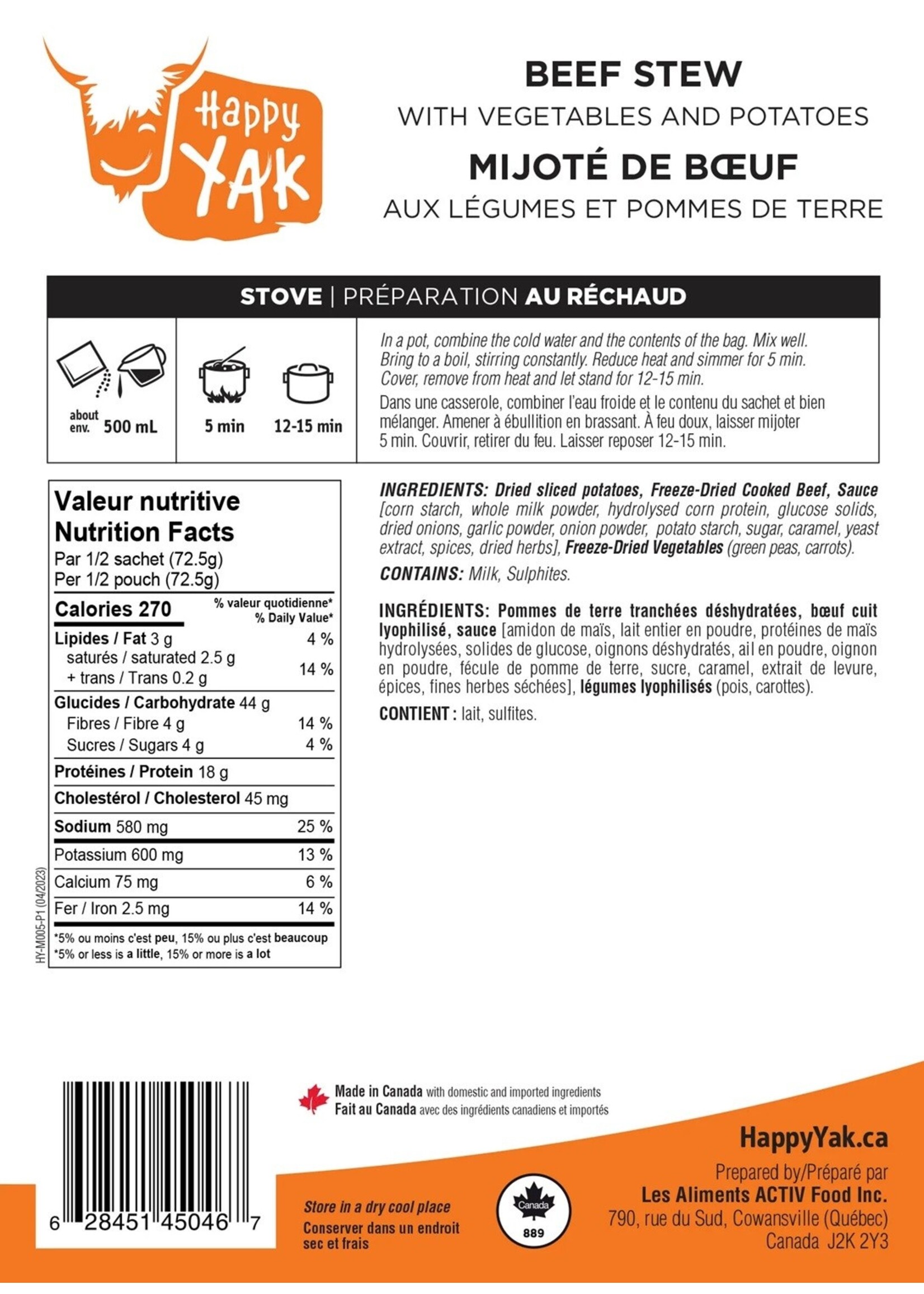 Happy Yak Mijoté de boeuf aux légumes Happy Yak (sans gluten)