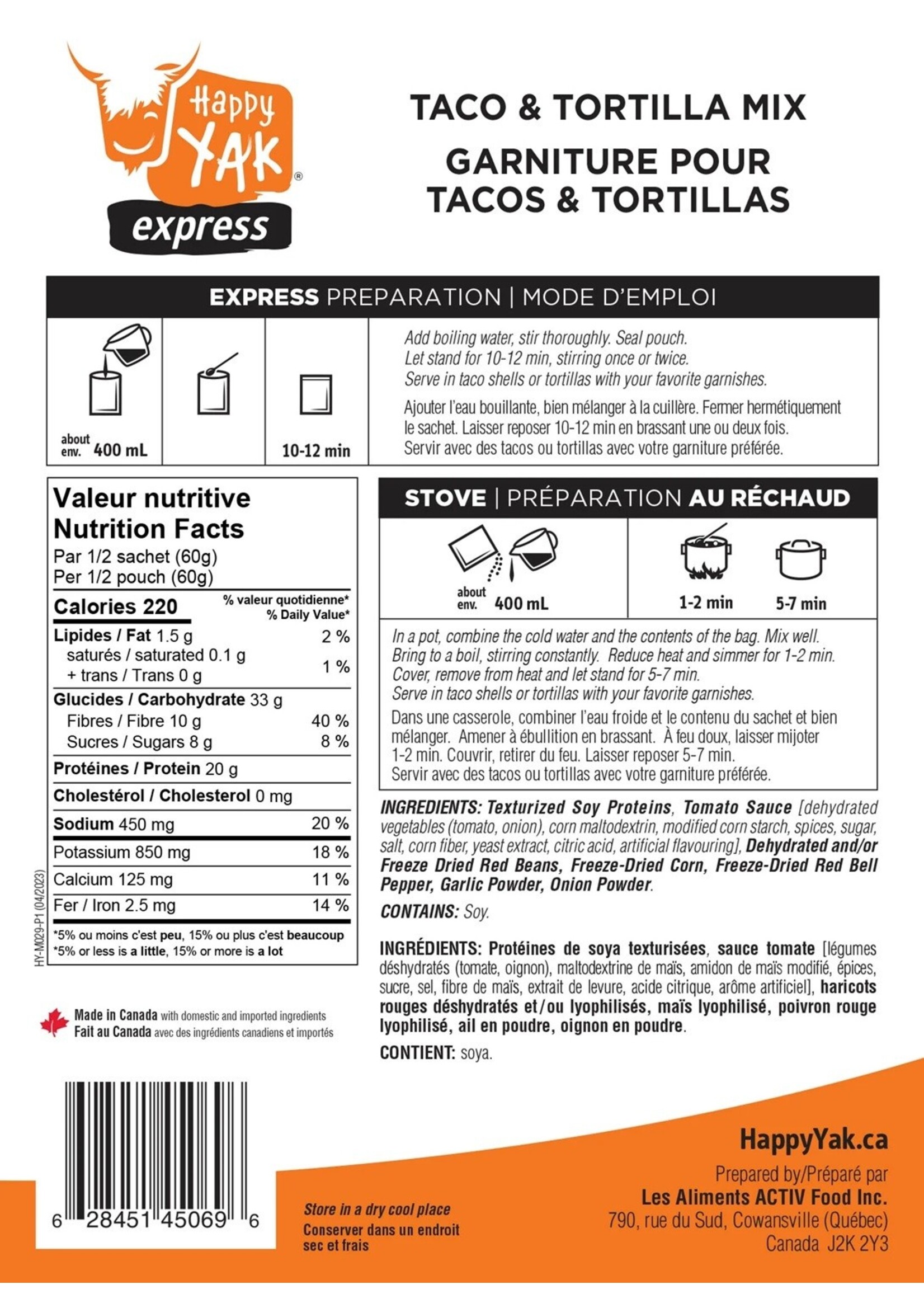 Happy Yak Happy Yak Taco + Tortilla Vegetarian Mix (Vegan, Gluten Free, Lactose Free)
