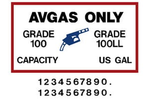 FUEL PLACARD Grade Capacity Numbers