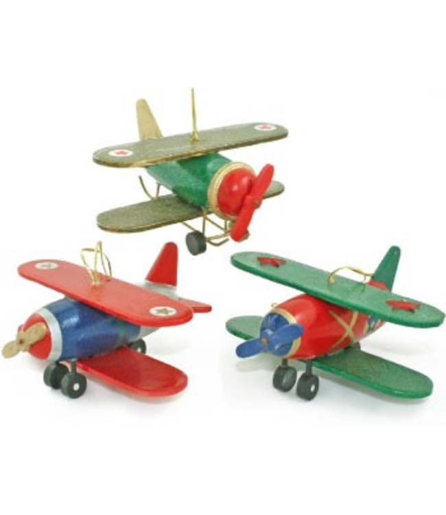 Blue & Red Wooden BiPlane Ornament