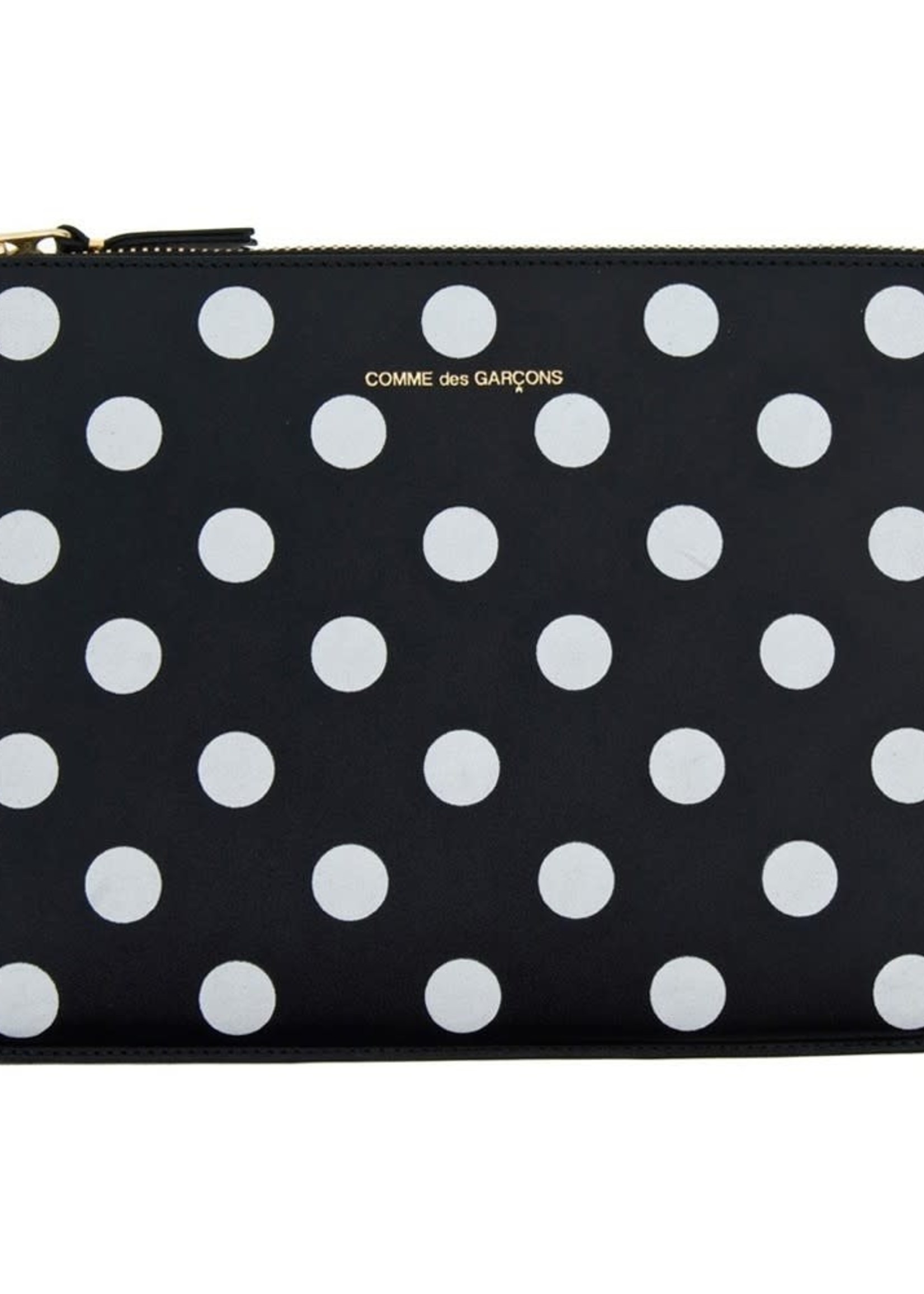 COMME des GARÇONS WALLET LARGE ZIP POUCH IN BLACK/White Polka Dot LEATHER SA5100